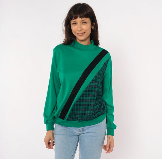 80s Plaid Panel Sweatshirt Green Black Stripe Pullover Alfred Dunner Houndstooth Check Cotton Collegiate Preppy Knit Emerald Teal Small S