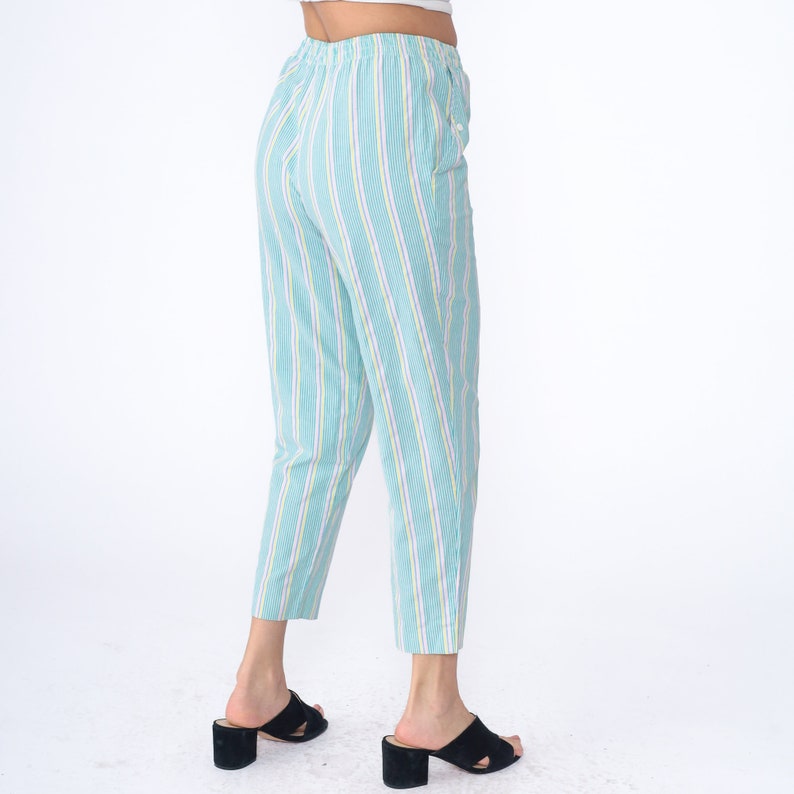 80s Striped Pants Pastel Green Pink Seersucker Elastic Waist Trousers High Waisted Slacks 1980s Tapered Leg Casual Pants Vintage Small 4 image 6