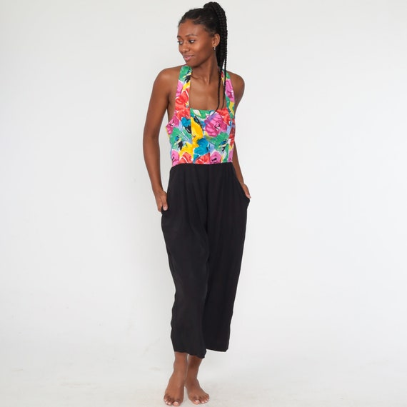 Black Floral Jumpsuit Halter Neck 90s Floral Jump… - image 2