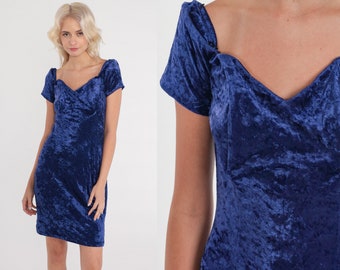 Blå sammetsklänning 90-tals All That Jazz festklänning hjärtformad halsringning mini-slid bodycon kvällscocktail utflykt vintage 1990-tal liten S