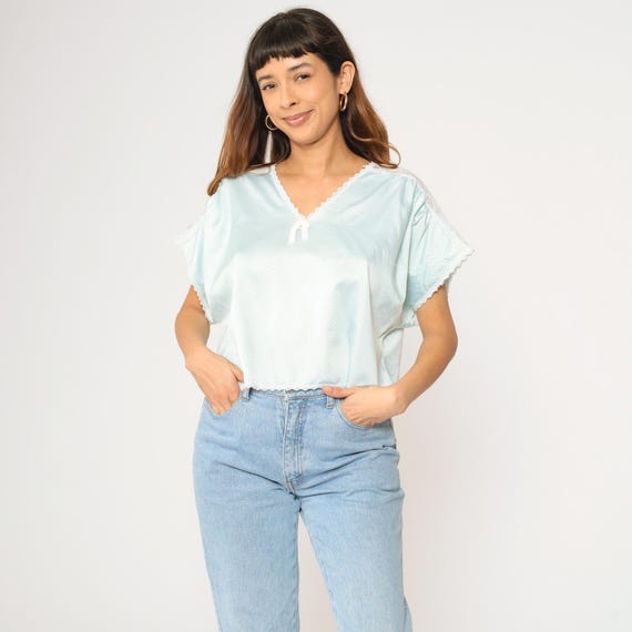 Vintage 80s Aqua Blue Satin Pajama Top Snakeskin Print Cropped PJ Shirt Lace Trim Sheer Shoulder Short Sleeve Sleepwear Oversized Medium M
