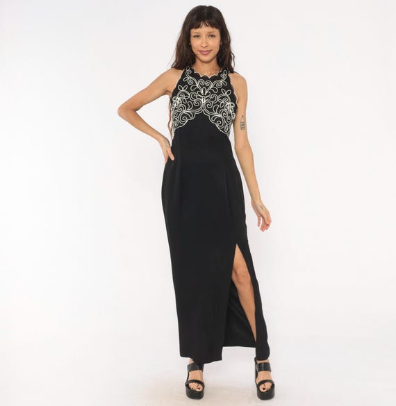90s Embroidered Halter Gown Black White Soutache Maxi Dress Neckline Side Slit Evening Formal Cocktail Scott Mcclintock Vintage Medium M