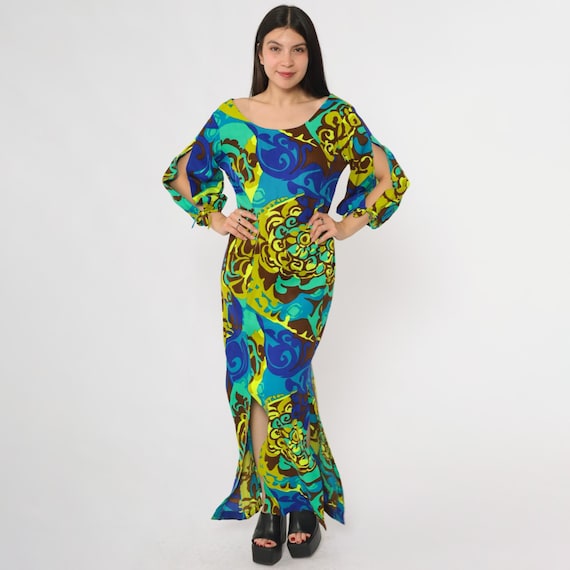 70s Kamehameha Dress Hawaiian Maxi Barkcloth Blue Green Brown Psychedelic Print Long Sleeve Slit Skirt Summer Resort Evening Small S