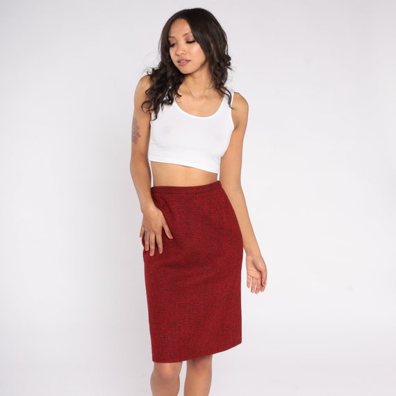 80s Pencil Skirt Red Black Cashmere Wool Blend Mi… - image 3