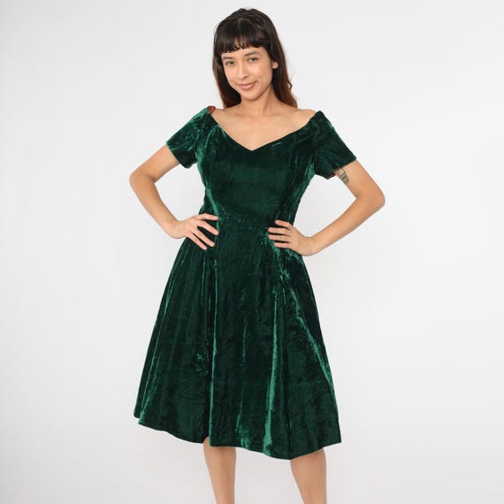 Vintage Green Velvet Dress 90s Party Midi Off Shoulder Dress Keyhole Back Bow Cocktail Fit and Flare 80s Going Out Formal Midi Medium 8
