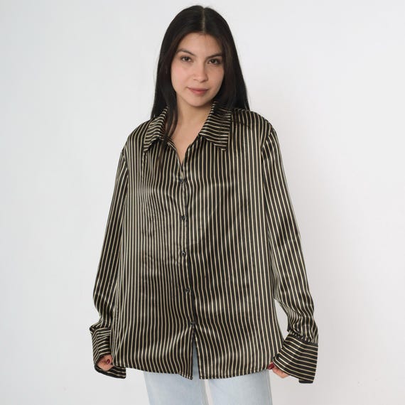 Vintage Black Gold Striped Blouse 90s Satin Button Up Top Retro Long Sleeve Shirt Preppy Basic Collared 1990s Size 18