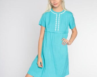 60s Mini Dress Bright Blue Mod Space Age Dress Retro Floral Trim Shift Gogo Twiggy Empire Waist Minidress Turquoise Vintage 1960s Small S