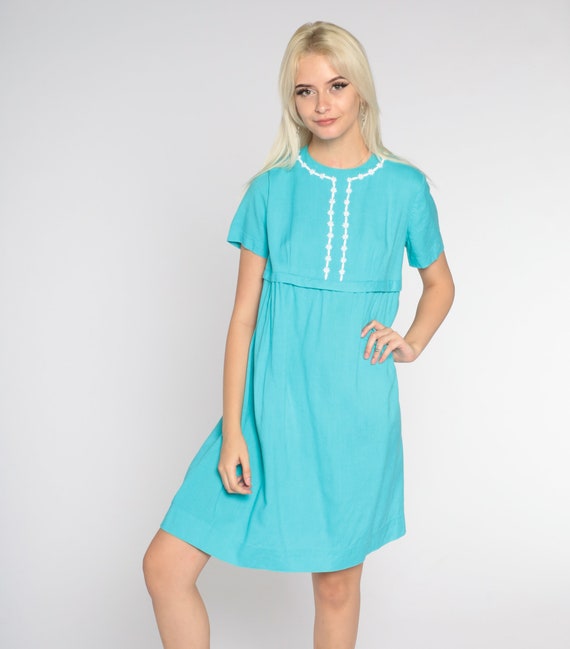 60s Mini Dress Bright Blue Mod Space Age Dress Retro Floral Trim Shift Gogo Twiggy Empire Waist Minidress Turquoise Vintage 1960s Small S