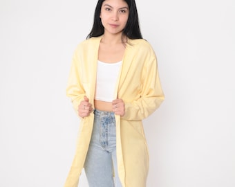 Pastel Yellow Jacket 90s Open Front Cardigan Longline Jacket Retro Basic Plain Simple Pastel Lightweight Rayon Vintage 1990s Medium Large