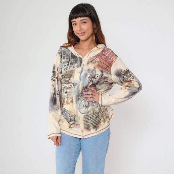 Y2K Paris Aesthetic Hoodie Eiffel Tower Collage Cream Zip Jacket Millennium Style FrenchCrown Maximalist Travel Souvenir Large L