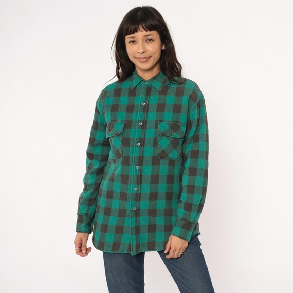 Quilted Flannel Shirt 90s Green Black Buffalo Plaid Grunge Cotton Lined Shacket Button Front Chest Pockets Cottagecore Grandpacore Medium M