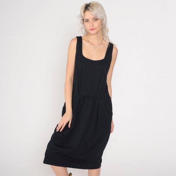 Black Tank Dress 90s Midi Dress Sleeveless High Waisted Scoop Neck Basic Plain Simple Evening Cocktail Minimal Vintage 1990s Virgo II Large