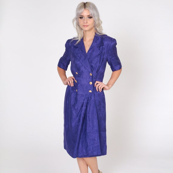 Purple Embossed Dress 80s Linen Midi Dress Wrap Gold Button up Floral Power Shoulder Sleeve Secretary Vintage 1980s Albert Nipon Medium 8