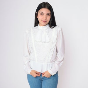 White Tuxedo Blouse 80s Jabot Blouse Boho Ruffled Lace Top Button Back Shirt Vintage Bohemian 1980s Long Puff Sleeve Small S
