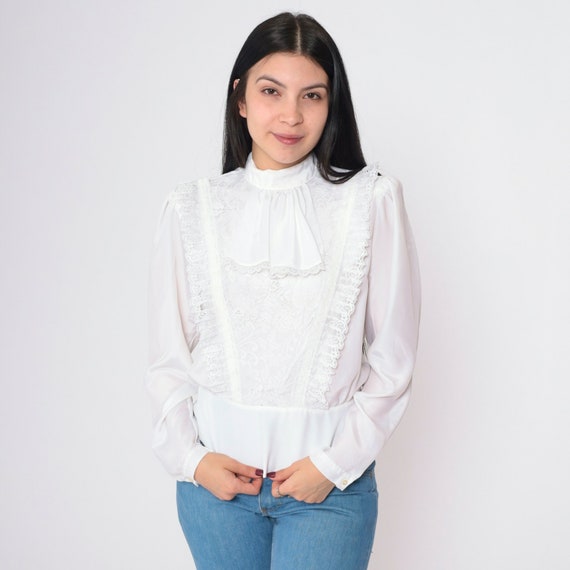 White Tuxedo Blouse 80s Jabot Blouse Boho Ruffled Lace Top Button Back Shirt Vintage Bohemian 1980s Long Puff Sleeve Small S