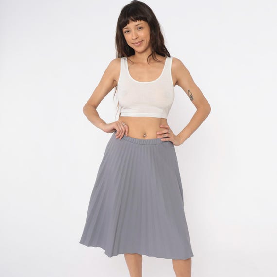 70s Gray Skirt Pleated Elastic Waist Knee Length Flowy Full Skirt Cottagecore Prairie Vintage Silver Grey Circle Swing Fairycore Medium M