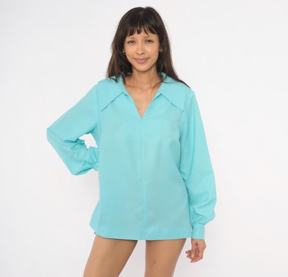 70s Aqua Pullover Blouse V Neck Wide Collar Bishop Sleeve Turquoise Shirt Balloon Cuff Teal Top Tunic Mint Sky Blue Vintage Women Large L