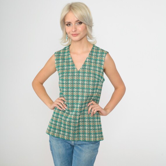 70s Plaid Tank Top Vintage Turquoise V Neck Sleeveless Shirt Mod Checkered Print Retro Preppy Seventies 1970s Small S