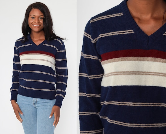 Blue Striped Sweater 80s Knit Le Tigre Sweater Slouch Navy Blue V Neck sweater 1980s Jumper Navy Sweater Vintage Pullover Small Medium