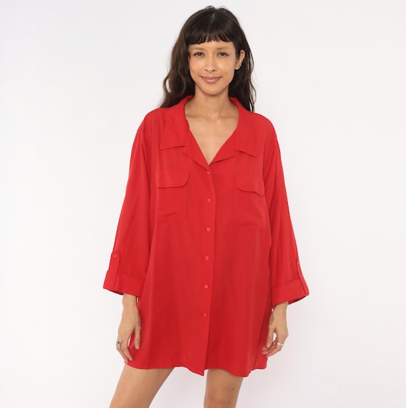 90s Red Button Front Shirt Dress Scarlet Camp Collar Blouse Crimson Rolled Sleeve Tunic Cherry Pocket Mini Relaxed Fit Summer Plus Size 2X