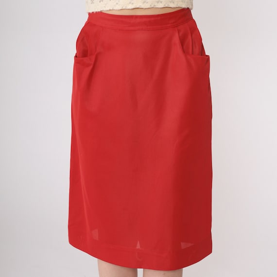Red Pencil Skirt 60s Midi Skirt High Waisted Preppy Wiggle Plain Simple Classic Pocket Preppy Retro Secretary Vintage 1960s Extra Small xs 0