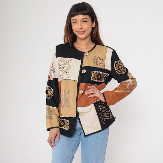 Patchwork Geometric Blazer 90s Button up Jacket Tan Black Burnt Orange Metallic Southwestern Print Boho Hippie Retro Vintage 1990s Medium