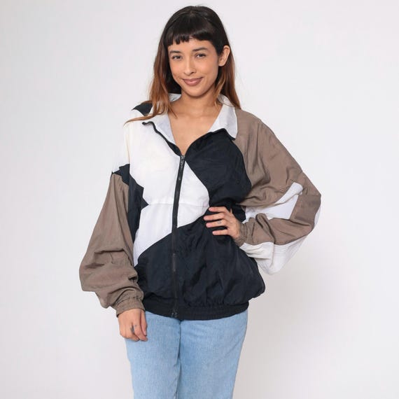 Vintage Color Block Windbreaker 90s Zip Up Jacket Retro Black White Taupe Striped Lightweight Shell Streetwear Nylon 1990s Extra Large xl