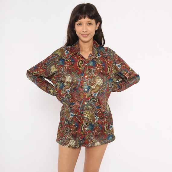 70s Paisley Button Front Shirt Burgundy Blue Gold Floral Print Wide Collar Long Sleeve Ornate Pattern Wine Blouse Vintage Top Medium M