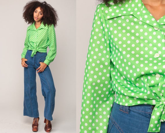 Cropped Blouse Lime Green Polka Dot Shirt Crop Top 70s Bohemian Button Up Disco Top Boho Hippie 1970s Hippie Long Sleeve Medium Large