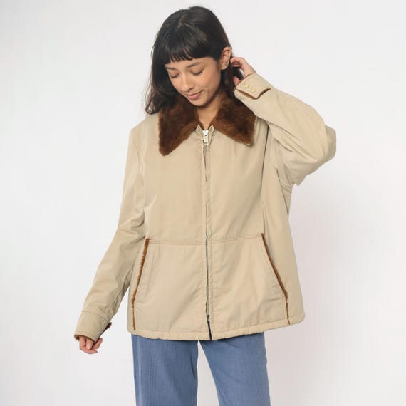80s Bomber Jacket Beige Collar Faux Fur Lined Zip Front Work Coat Vintage Tan Cream Brown Pockets Utility Chore Field Winter Warm Large L