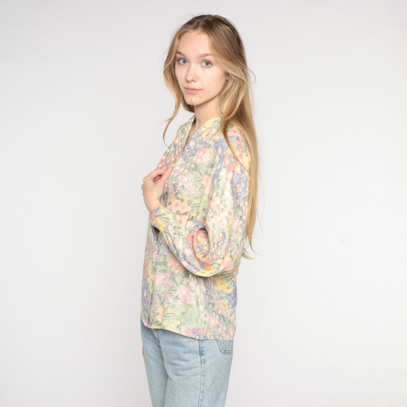 Floral Silk Blouse 80s Boho Shirt V Neck Wrap Top Double Breasted Button Up Long Sleeve Romantic Hippie Pastel Vintage 1980s Small S 6 image 4