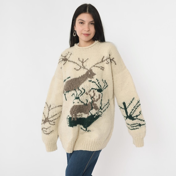 Vintage Wool Reindeer Sweater 80s Cream Knit Animal Sweater Nordic Sweater Deer Ski Pullover 1980s Handmade in Ecuador Men's Large xl