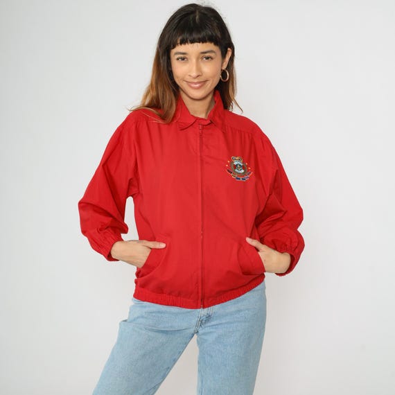 Vintage Nautical Windbreaker Jacket 90s Jantzen Embroidered Sailor Crest Buoy Yacht Zip Up Hipster Red Retro Medium M