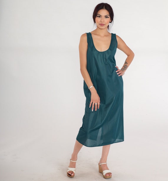 Green Slip Dress 90s Semi Sheer Midi Lingerie Tank Dress Sleeveless Shift Simple Minimal Plain Nightgown Vintage 1990s Betsy's Things Medium