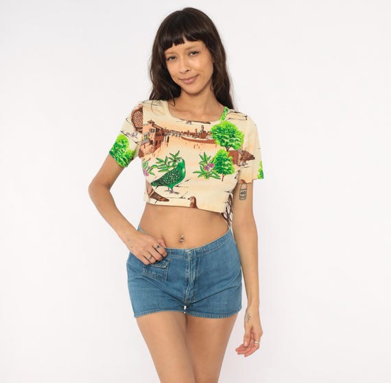 Pigeon Crop Top 70s Novelty Bird Scenic Italian Village Green Tan Brown Floral Short Sleeve Tee Fitted Eclectic Quirky Vintage Small S