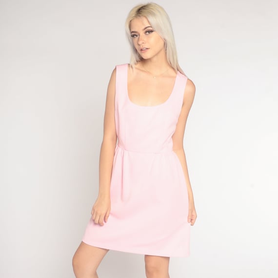 Bubblegum Pink Dress 60s Mini Day Dress Mod Retro Party Girly High Waist Summer Sleeveless A Line Boho Sixties Vintage 1960s Small S