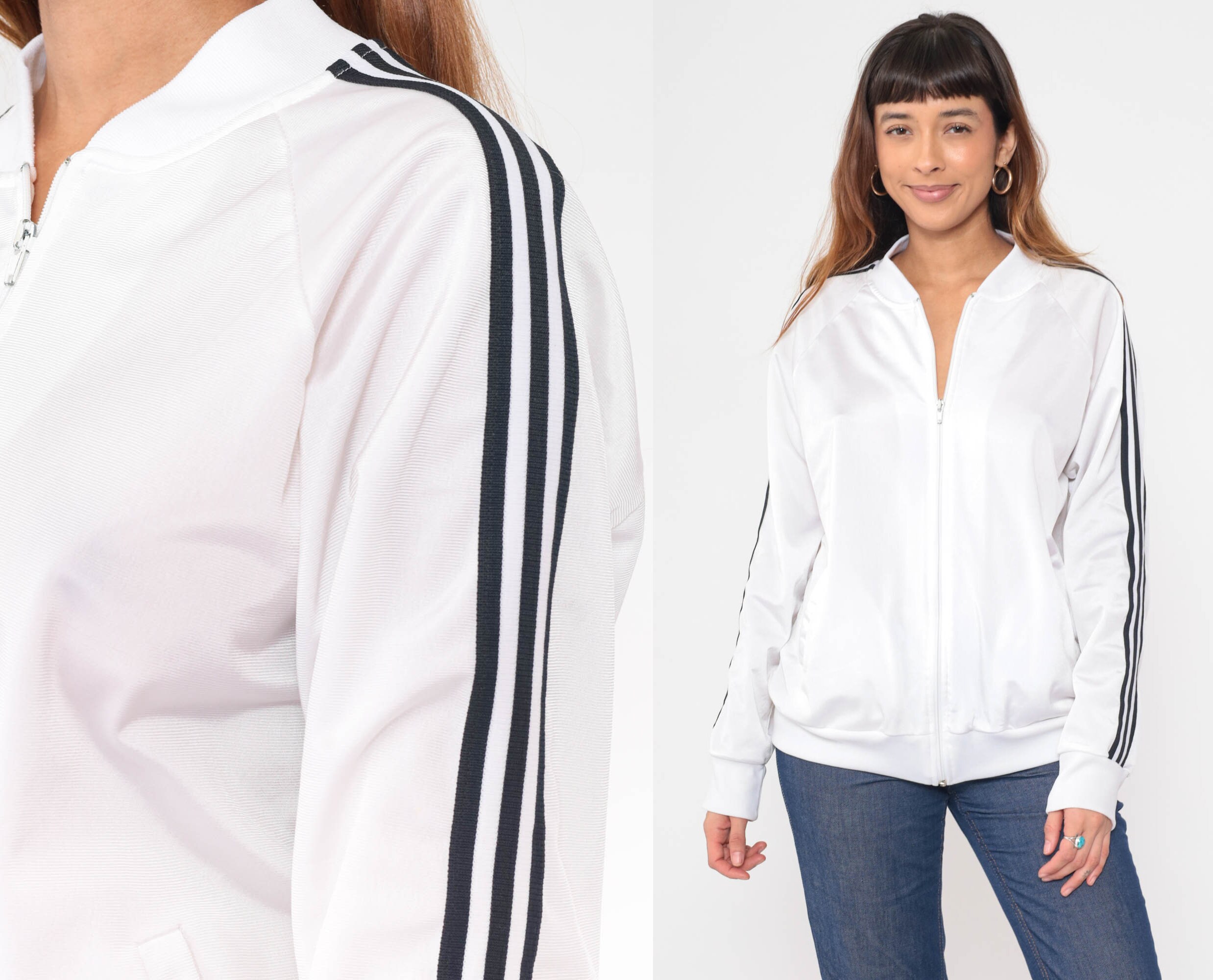 White Track Jacket 80s Black Striped Zip up Bomber Retro