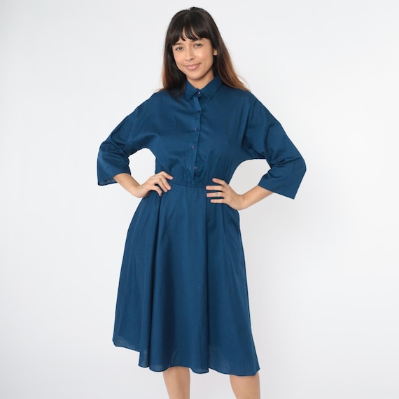 Vintage Navy Blue Shirtdress 80s Button Up Midi Dress Retro Day 3/4 Sleeve Collared Secretary High Waist Plain 1980s Small Medium
