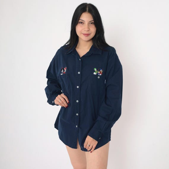 90s Mickey Unlimited Shirt Disney Mickey & Minnie Mouse Blouse Navy Jerry Leigh Button Up Shirt 1990s Donald Duck Long Sleeve Vintage Large