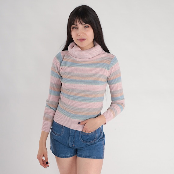 Striped Sweater Top 70s 80s Sparkly Ribbed Knit Turtleneck Sweater Metallic Pastel Pink Blue Orange Pullover Vintage 1980s Acrylic Small S