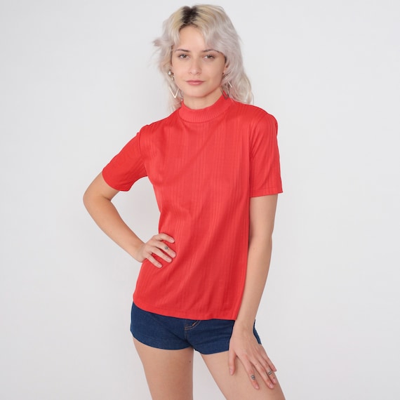 70s Mod Shirt Red Mock Neck Top Ribbed T-Shirt Plain Blouse Short Sleeve Mod Basic Top Plain Simple Seventies Vintage 1970s Small S