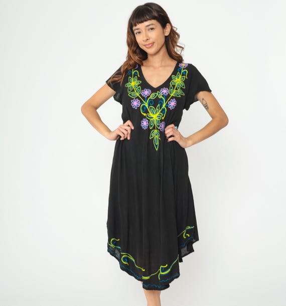 Black Embroidered Dress Y2K Midi Yellow Pink Blue Floral Chain Stitch V-Neck Short Sleeve Asymmetric Hem  Small Medium Large
