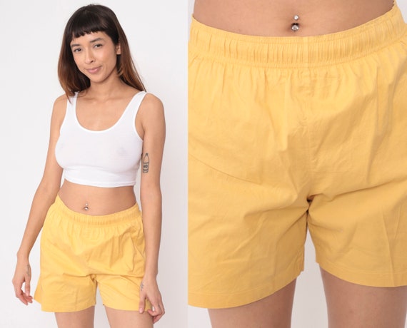 Yellow Cotton Swim Shorts 90s Swim Trunks Retro Elastic Waist Surf Shorts Beach Vintage 1990s Plain Swimwear Small Medium Etsy UK
