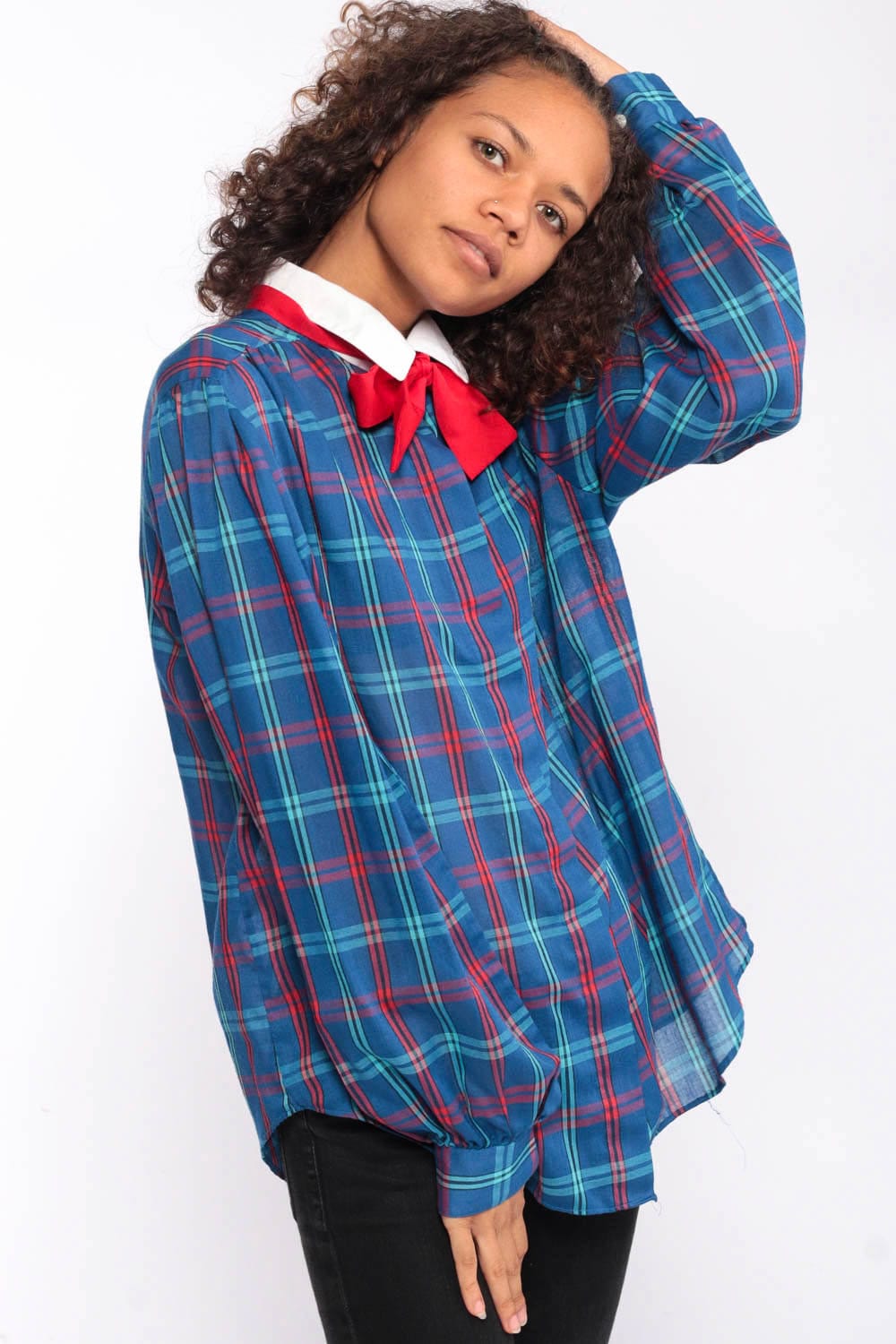 Plaid Bow Blouse PUFF Sleeve Shirt 80s Shirt Button Down Top 1980s Vintage Red Blue Long Sleeve 