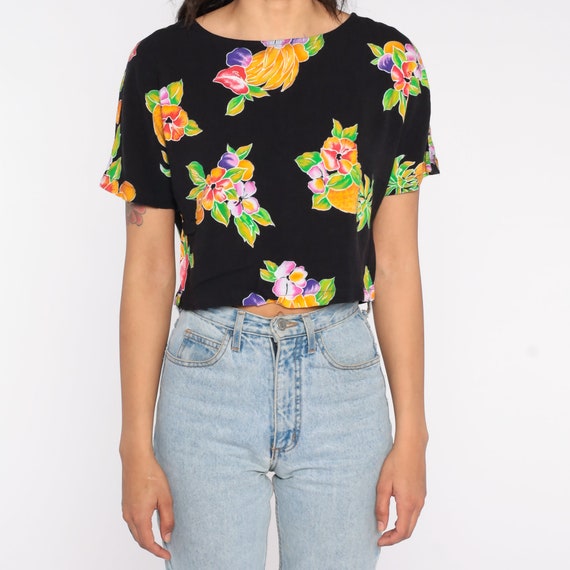 Tropical Crop Top 90s Black Floral Shirt Pineappl… - image 5