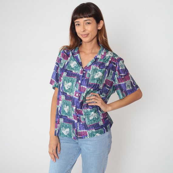 Abstract Floral Blouse 90s Button Up Shirt Flower Swirl Print Short Sleeve Top Retro Boho Purple Pink Blue-Green White 1990s Vintage 2xl xxl