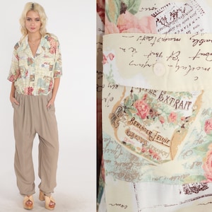 Macacão dos anos 80 Cônico Pantsuit Abstrato Floral Rosa Cartão Postal Impressão Botão acima Anexado Renda Regata Romper Calças Vintage 1980 Médio Grande