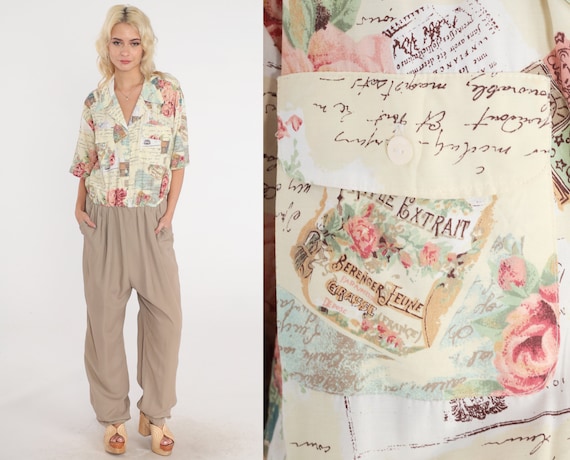 80s Jumpsuit Tapered Pantsuit Abstract Floral Rose Postcard Print Button up Attached Lace Tank Top Romper Pants Vintage 1980s Medium Large