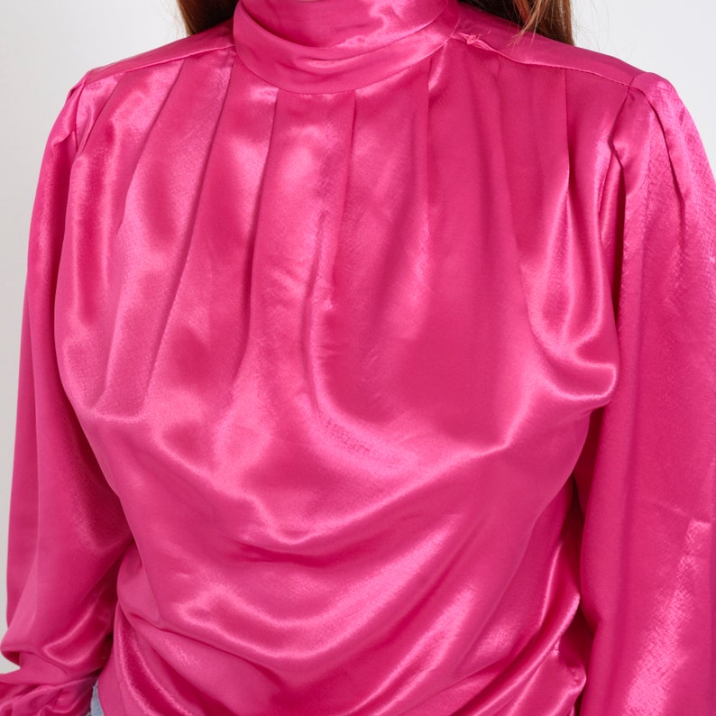 Pink Satin Shirt 80s Puff Sleeve Blouse Vintage Silky High Mock Neck Fuchsia Shirt Draped Long Sleeve Button Back Extra Small xs 2 Petite image 6