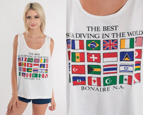 90s Suba Diving Tank Top Bonaire Netherlands Shirt Diving Flag Tee Tourist Graphic Tee Retro T-shirt White Sleeveless Vintage 1990s Large L